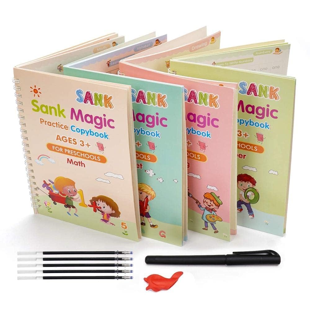 Sank Magic Practice Copybook, (4 BOOK + 10 REFILL+ 1 Pen +1 Grip) Number Tracing Book for Preschoolers with Pen, Magic Calligraphy Copybook Set Practical...